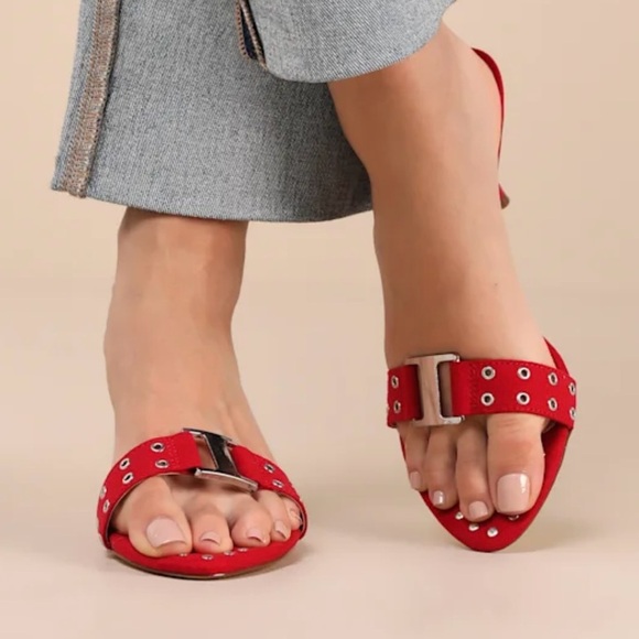 NEW w/Tag (NWT) Lulus Caloway Red Suede Studded Buckle High Heel Slide Sandals - Picture 4 of 5
